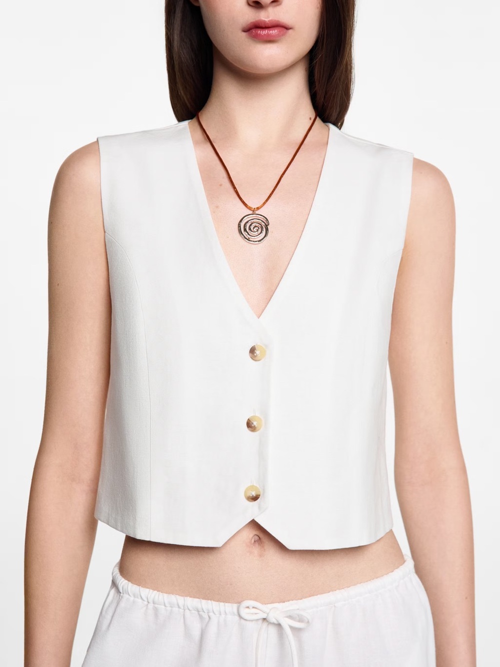 NWT Mango Teen Linen Blend Cropped Button Vest Off White XS